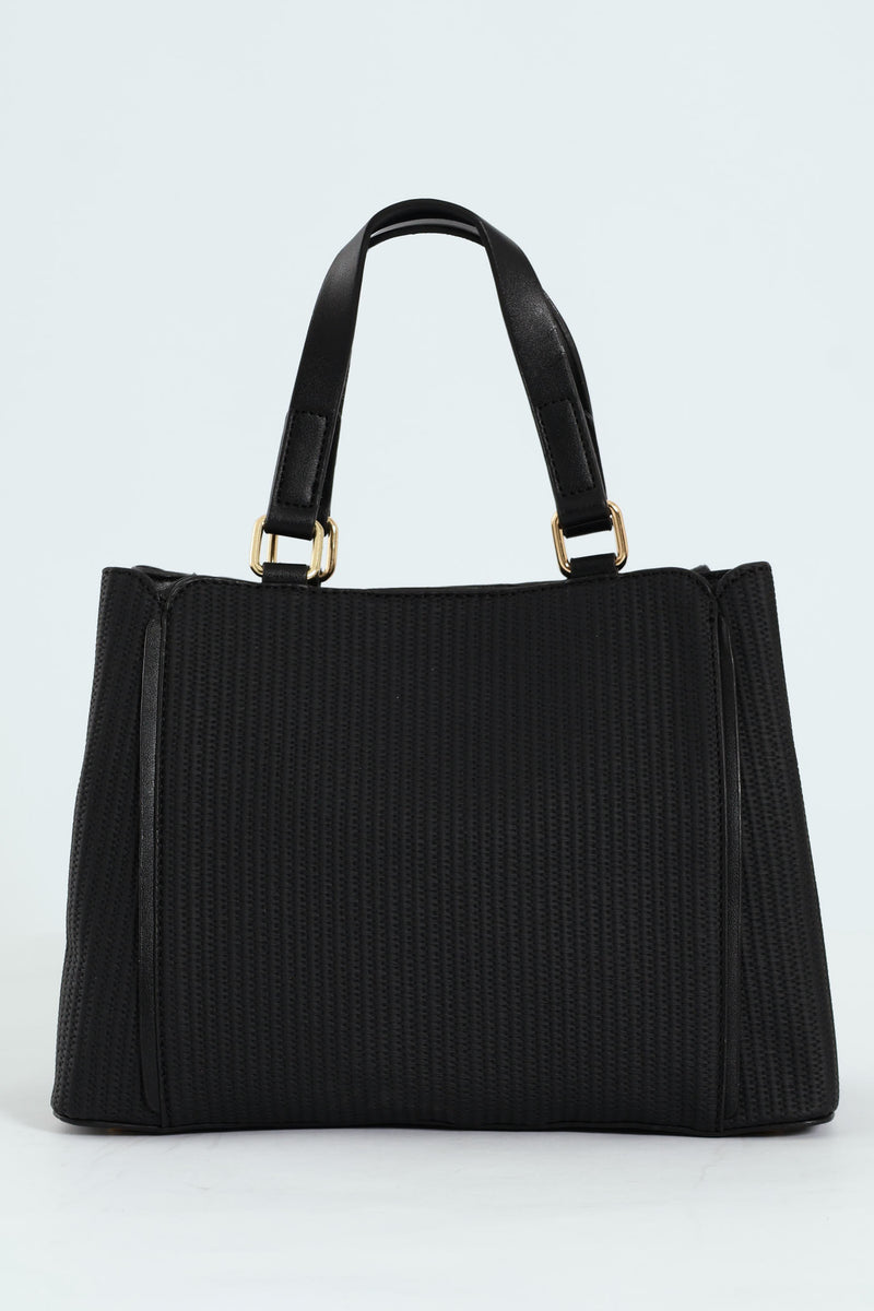 Textured Piping Top Handle Tote Bag - Black