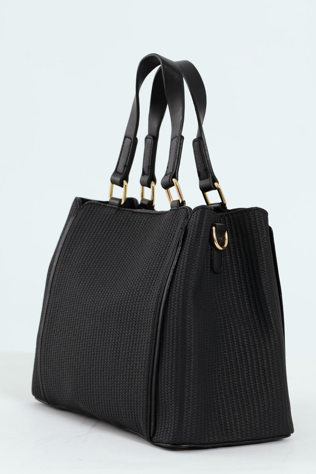 Textured Piping Top Handle Tote Bag - Black