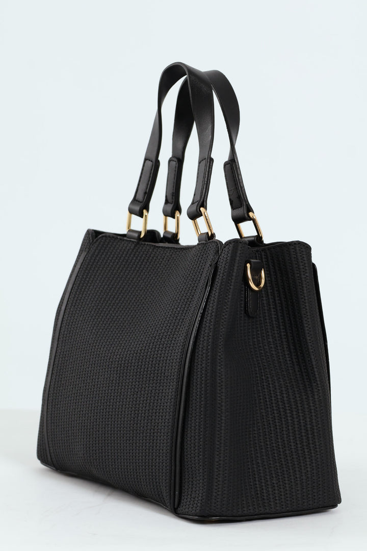 Textured Piping Top Handle Tote Bag - Black