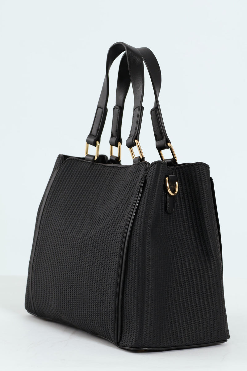 Textured Piping Top Handle Tote Bag - Black