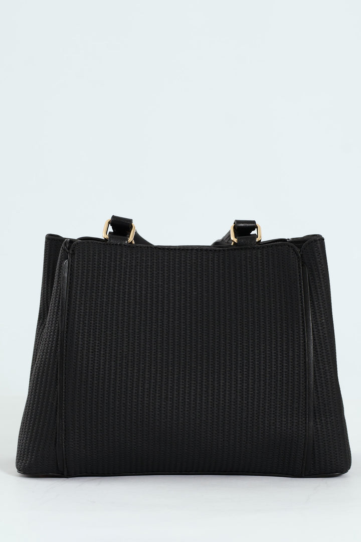 Textured Piping Top Handle Tote Bag - Black