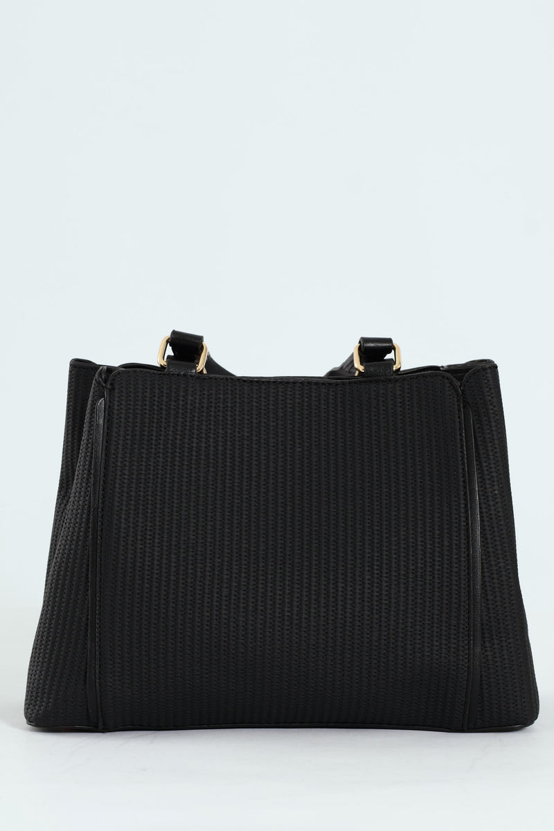 Textured Piping Top Handle Tote Bag - Black