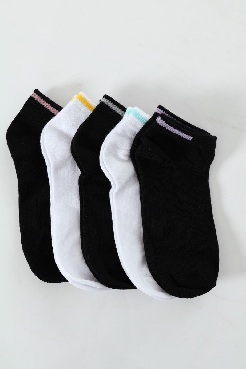 Girls 5 Pack Plain Colours Stripe Low Cut Socks