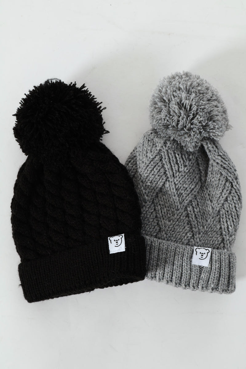 Baby Boys 2 Pack Bear Beanie - Black/Grey