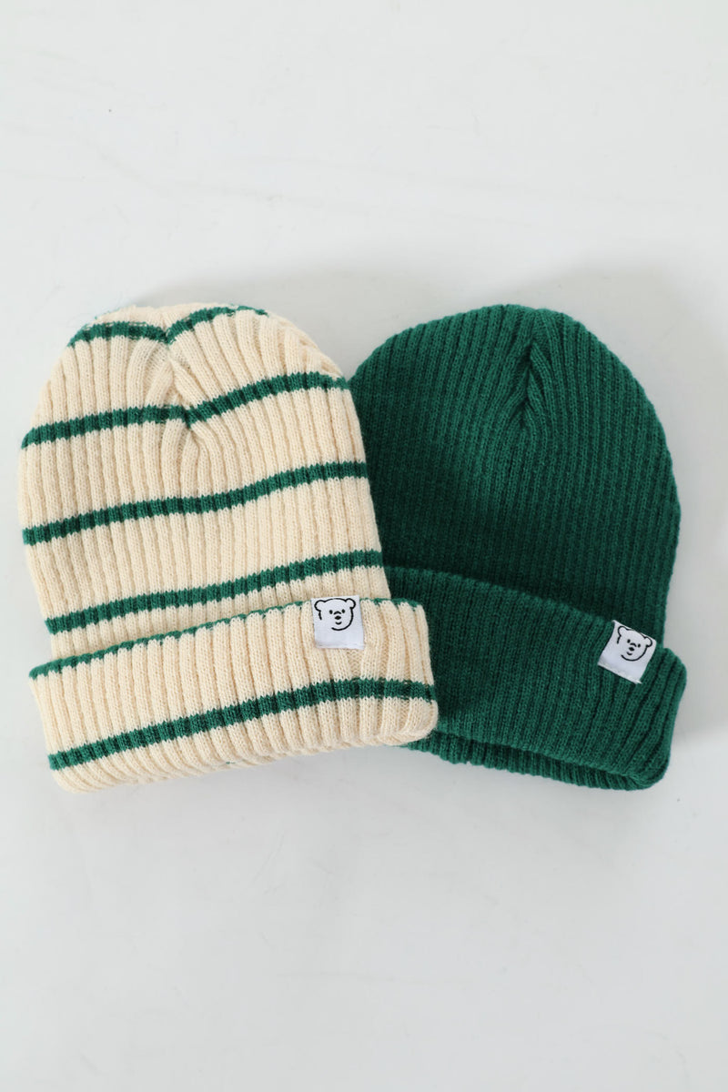 Baby Boys 2 Pack Stripe & Plain Beanie