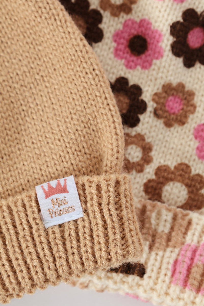 Baby Girls 2 Pack Daisy Beanie - Light Brown