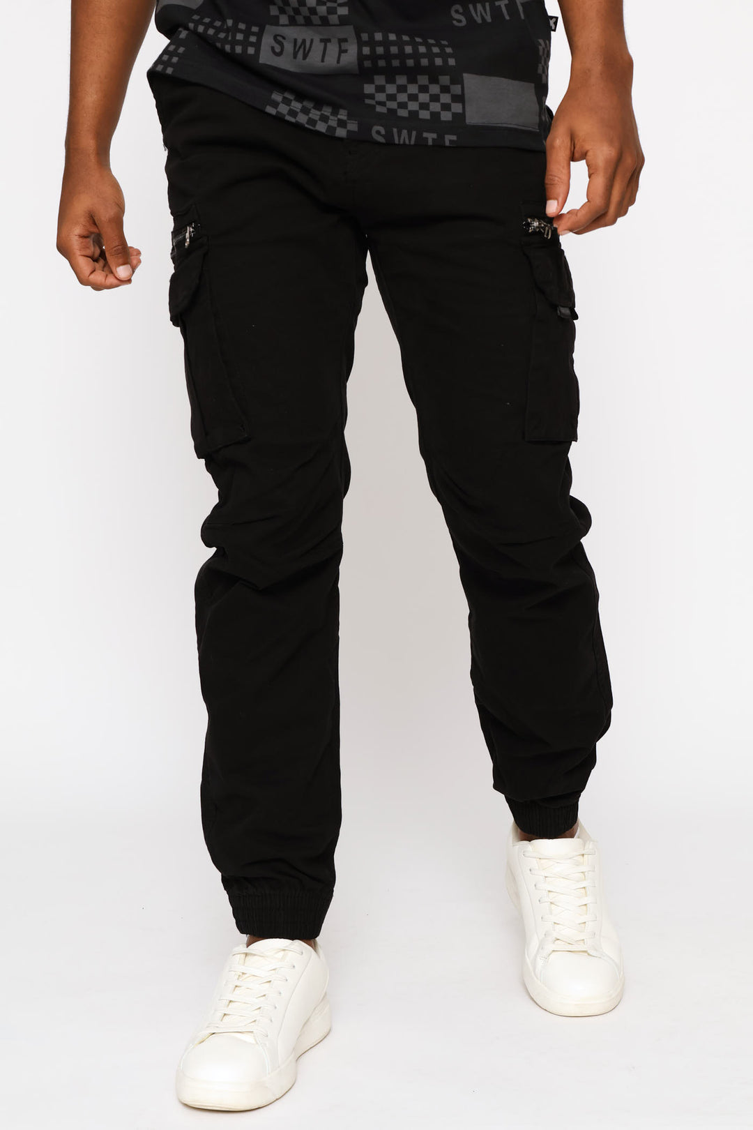 Fixed Waistband Zip Cargo Pants - Black