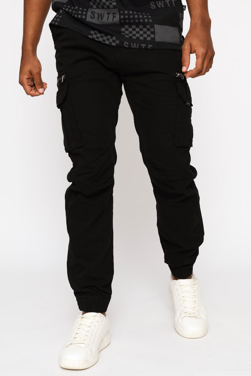 Fixed Waistband Zip Cargo Pants - Black
