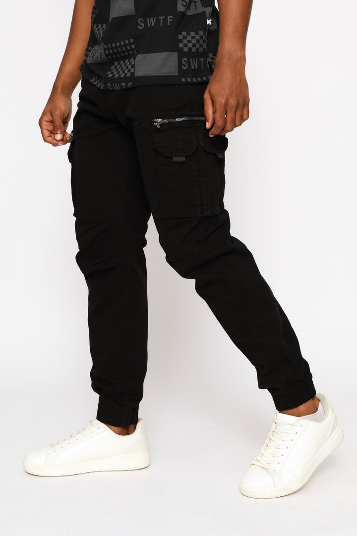 Fixed Waistband Zip Cargo Pants - Black