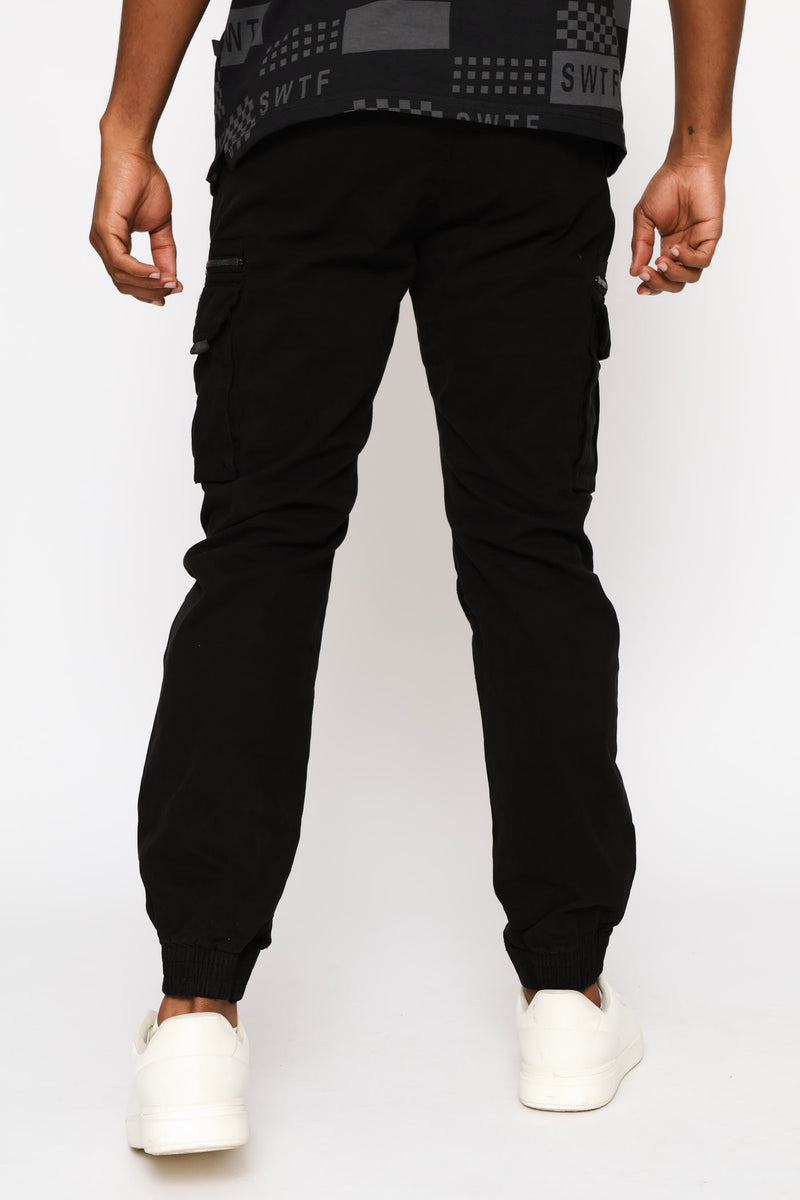 Fixed Waistband Zip Cargo Pants - Black