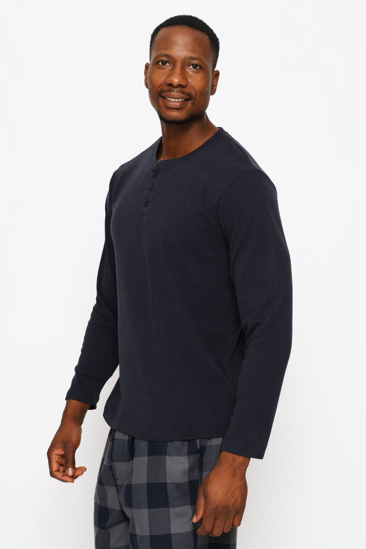 Long Sleeve Henley Interlock Top - Navy