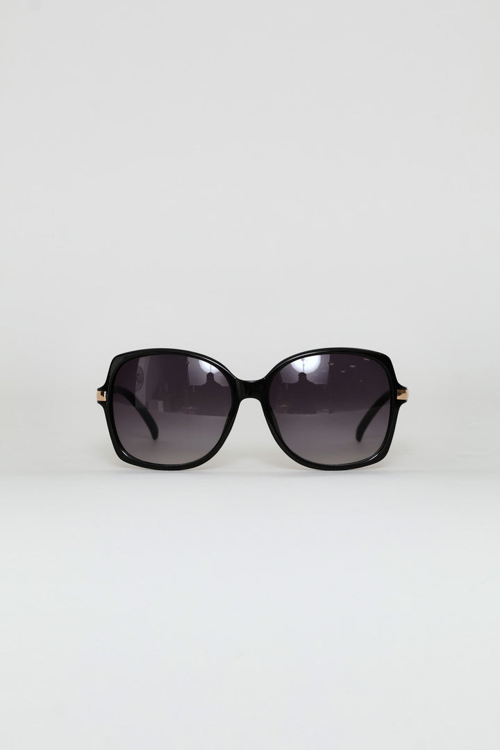 Large Retro Gold Detail Frame Smoke Lens Sunglasses - Black