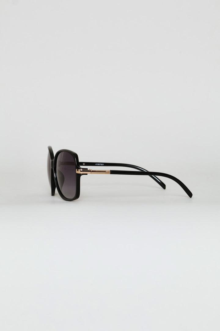 Large Retro Gold Detail Frame Smoke Lens Sunglasses - Black