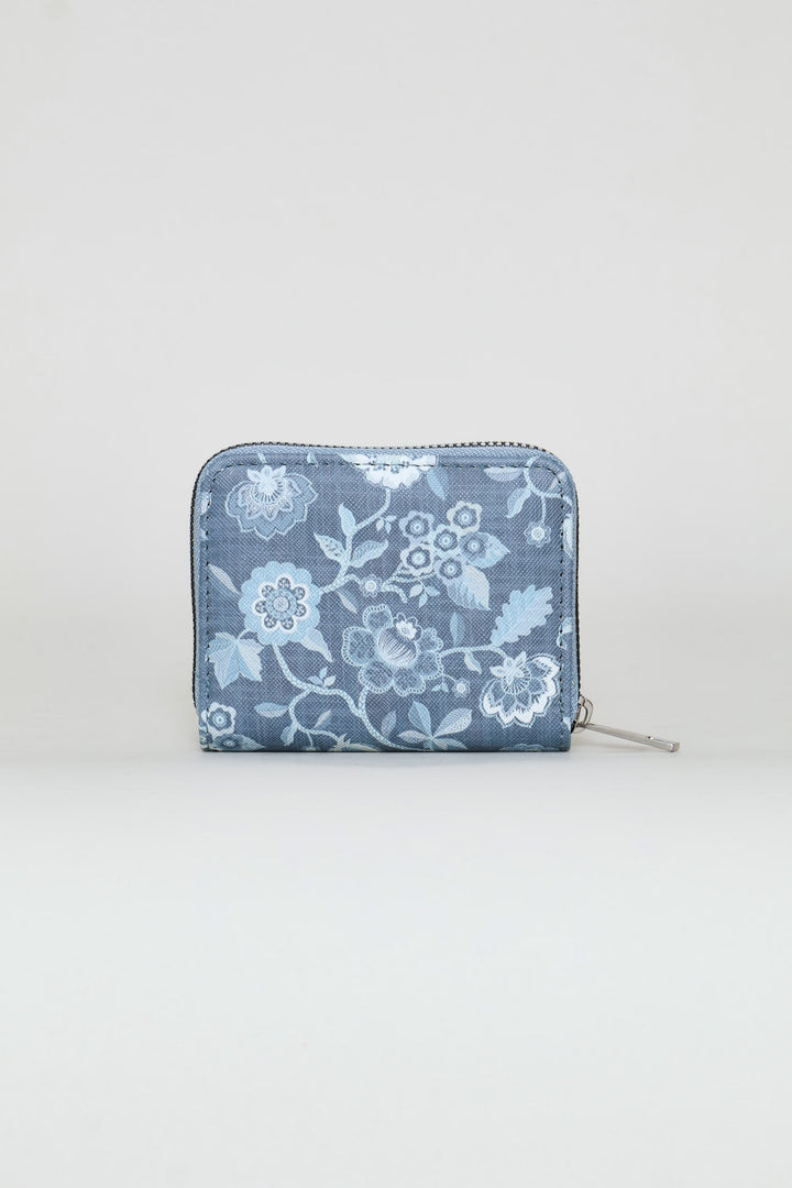 Floral Print Small Zip Around Purse - Blue