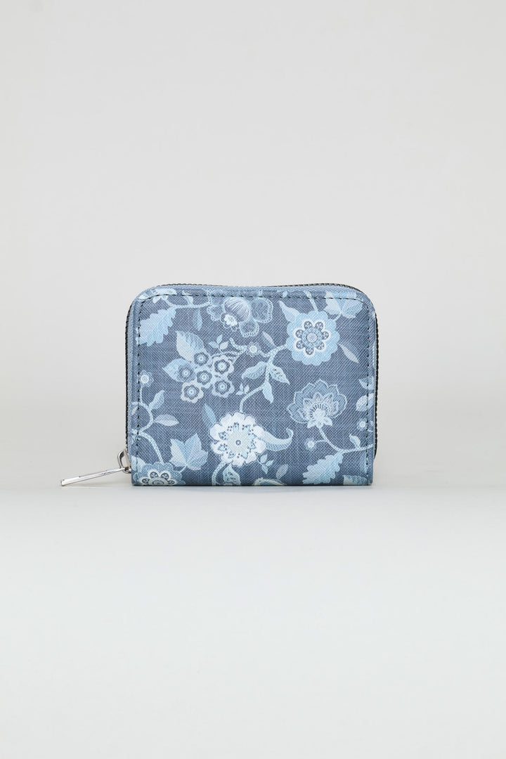 Floral Print Small Zip Around Purse - Blue