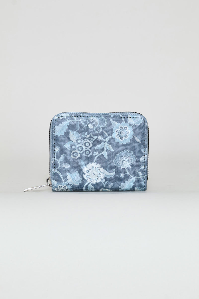 Floral Print Small Zip Around Purse - Blue
