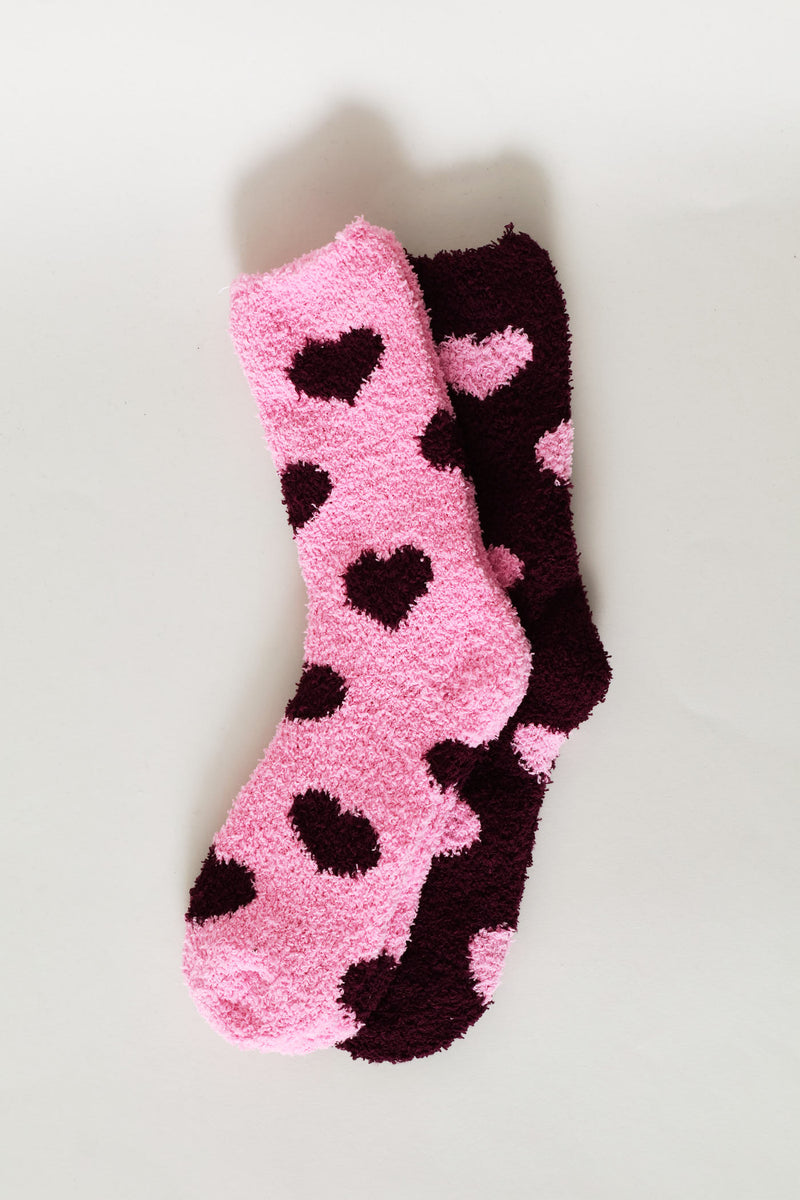 2 Pack Hearts Cosy Socks - Burgundy/Pink