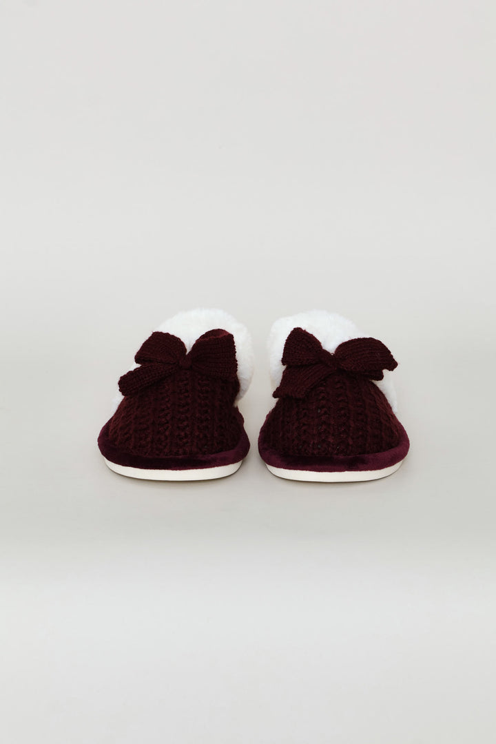 Pertesham Bow Detail With Crocheted Upper Slipper - Burgundy