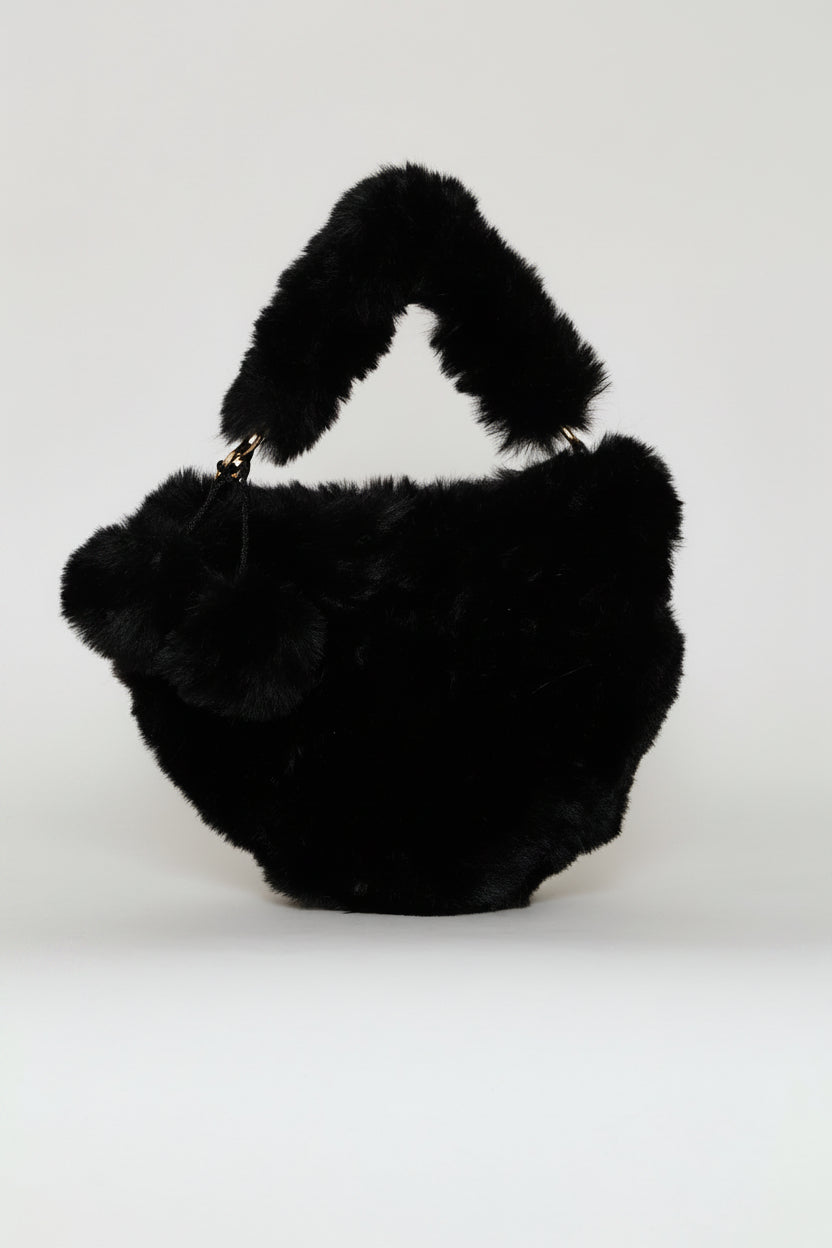 Girls Fur Detail Heart Sling Bag - Black