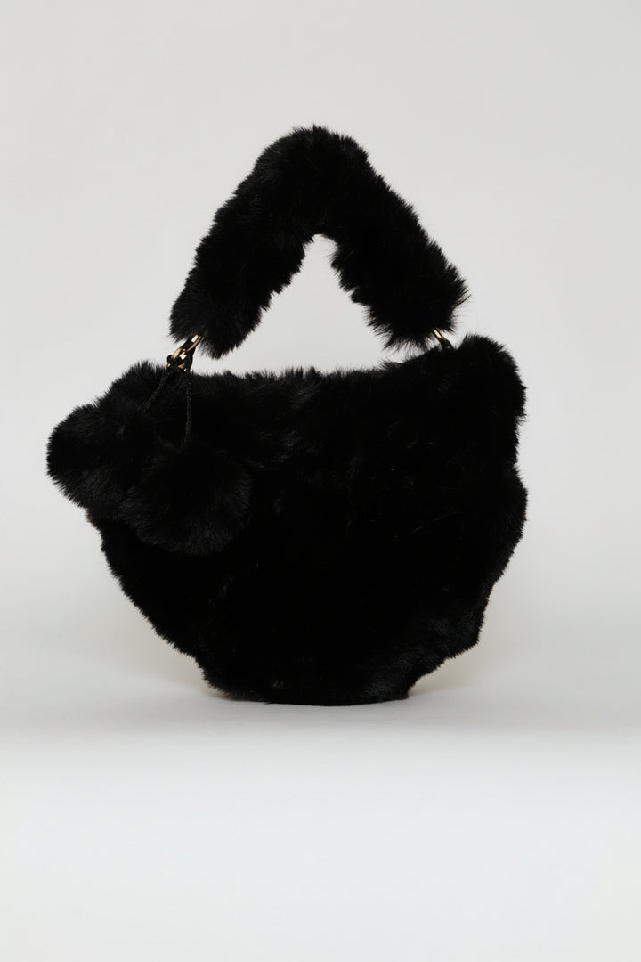 Girls Fur Detail Heart Sling Bag - Black