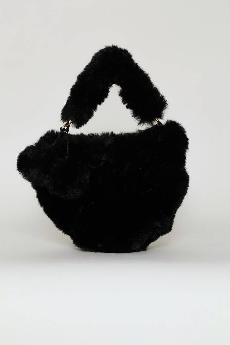 Girls Fur Detail Heart Sling Bag - Black