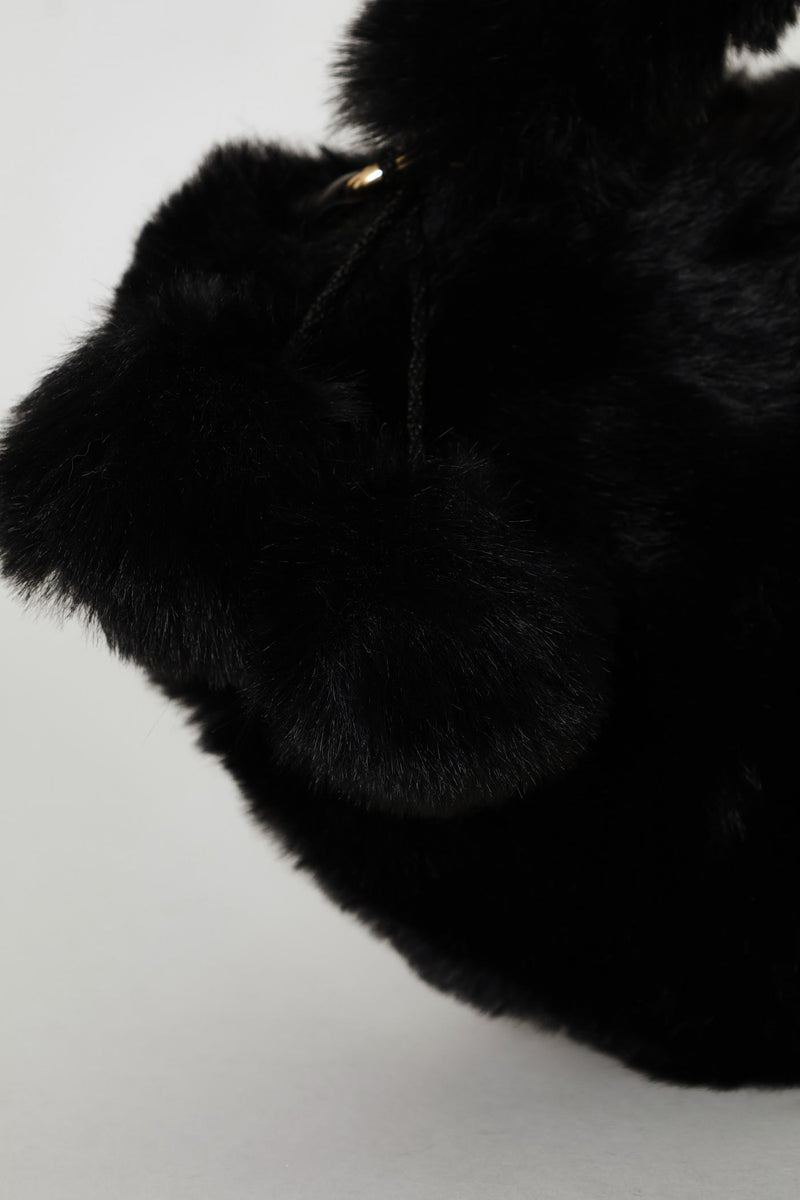 Girls Fur Detail Heart Sling Bag - Black