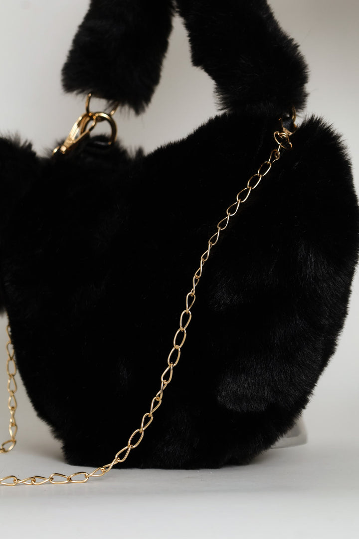 Girls Fur Detail Heart Sling Bag - Black