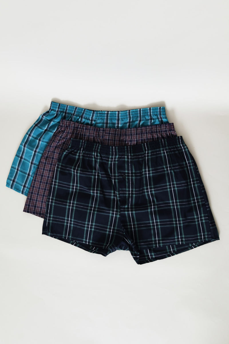 3 Pack Check Poly Woven Boxers - Blue/Green/Red