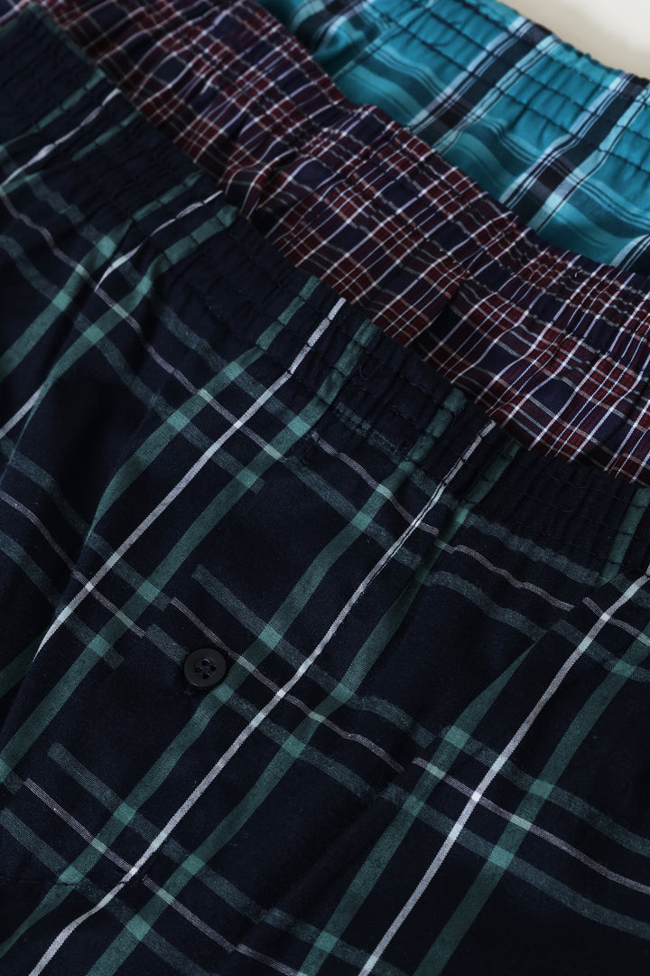 3 Pack Check Poly Woven Boxers - Blue/Green/Red
