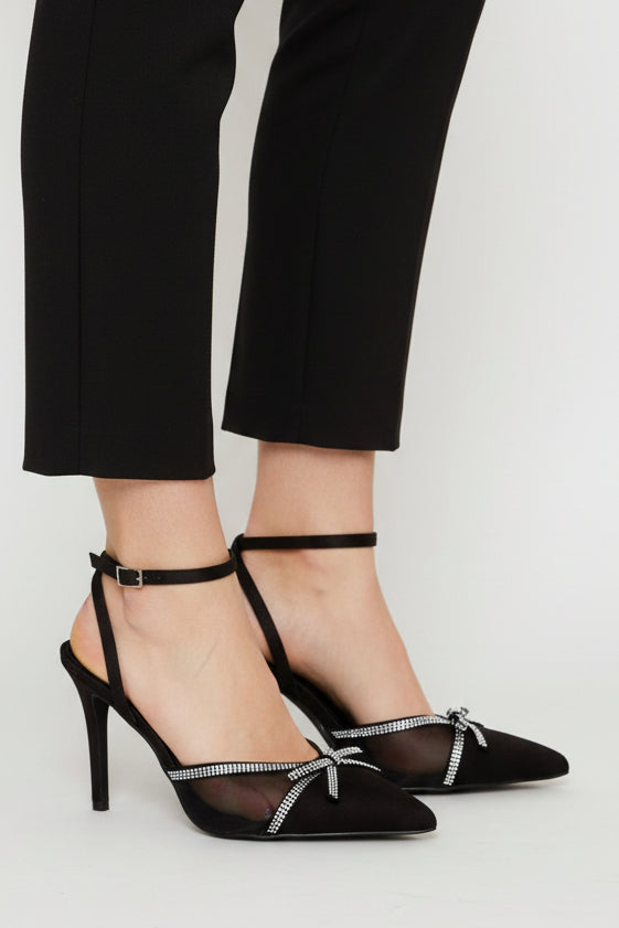 Mesh & Diamante Ankle Strap Mule Heel - Black