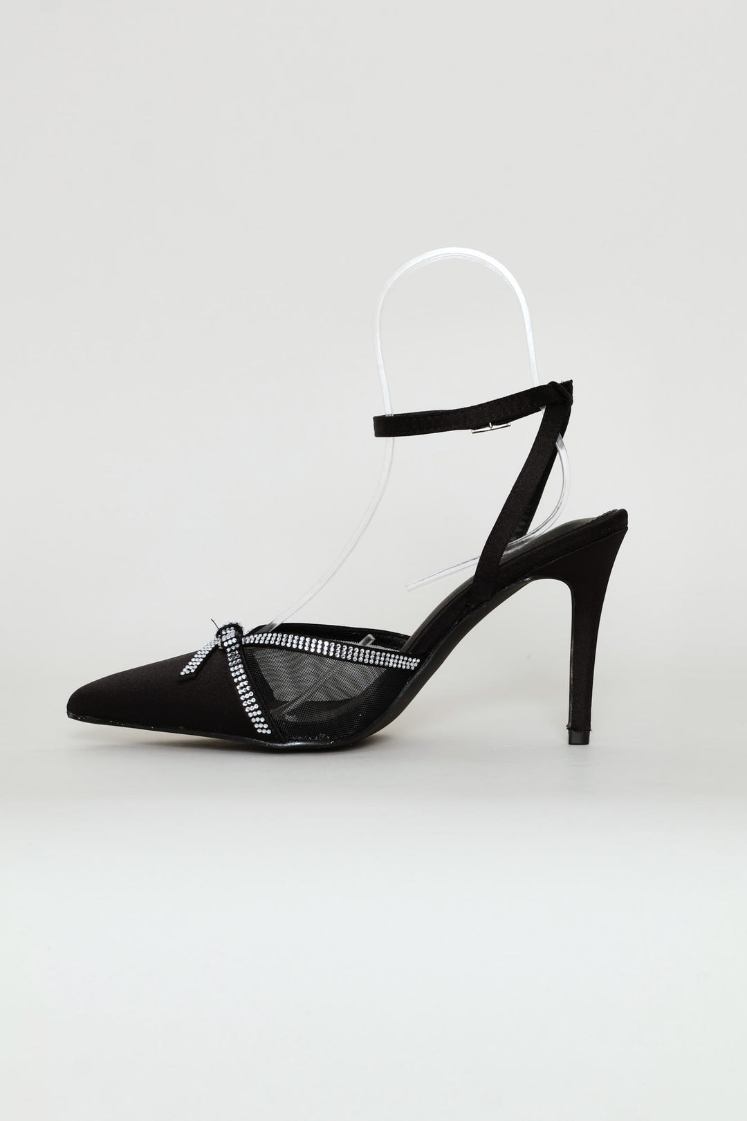 Mesh & Diamante Ankle Strap Mule Heel - Black