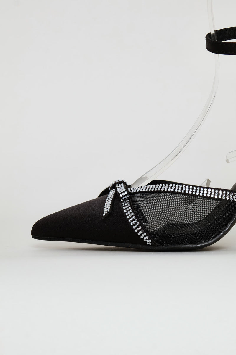 Mesh & Diamante Ankle Strap Mule Heel - Black