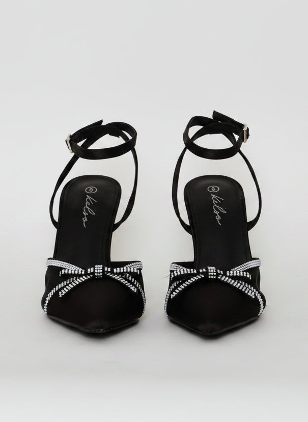 Mesh & Diamante Ankle Strap Mule Heel - Black