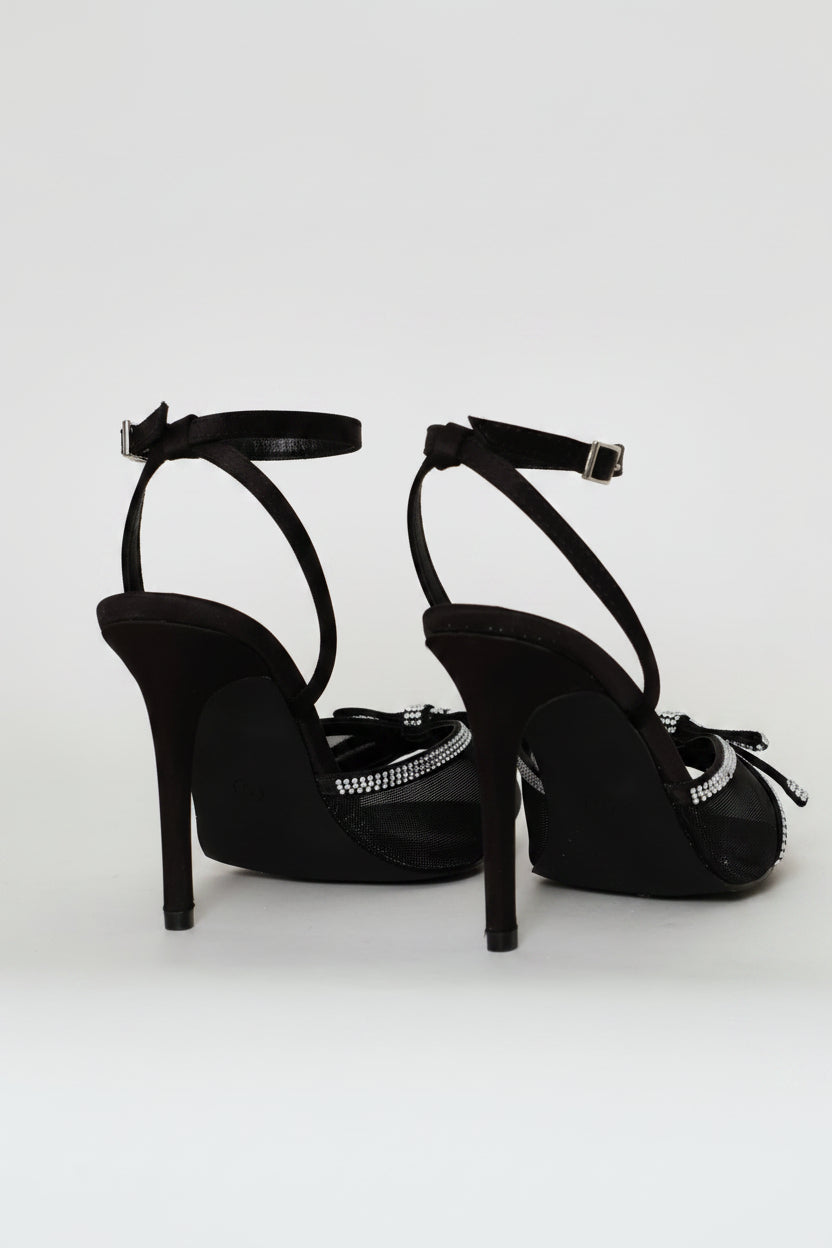 Mesh & Diamante Ankle Strap Mule Heel - Black