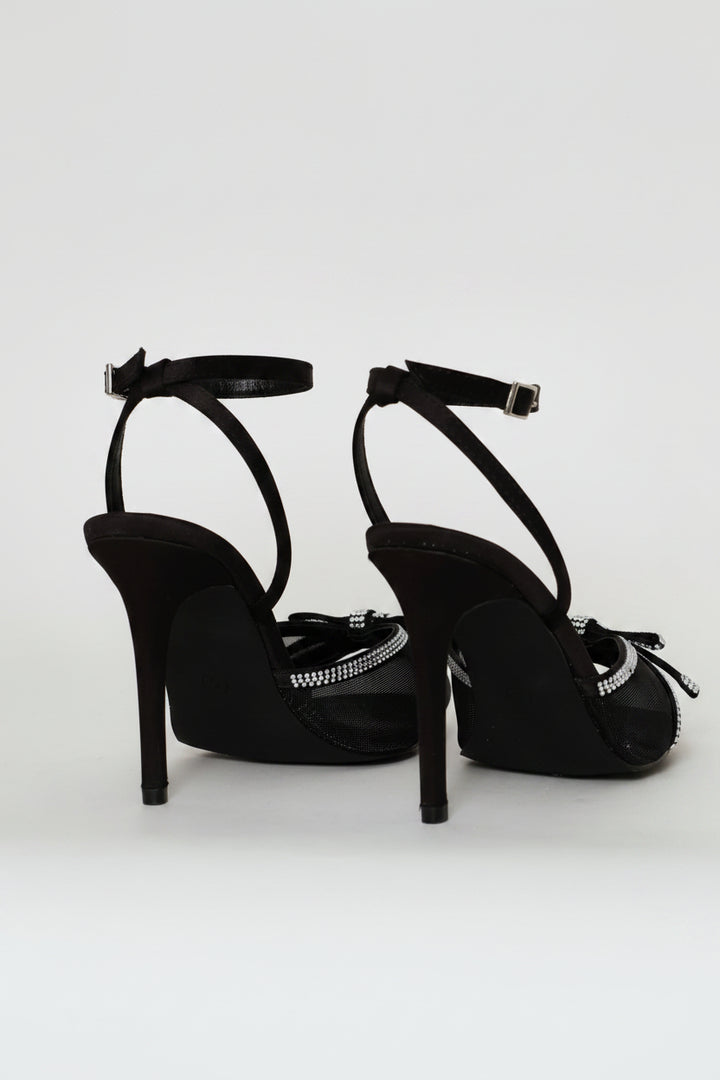 Mesh & Diamante Ankle Strap Mule Heel - Black