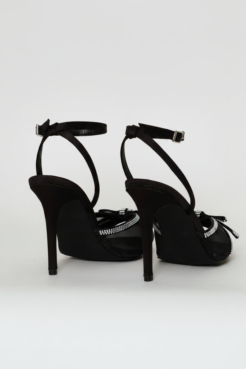 Mesh & Diamante Ankle Strap Mule Heel - Black
