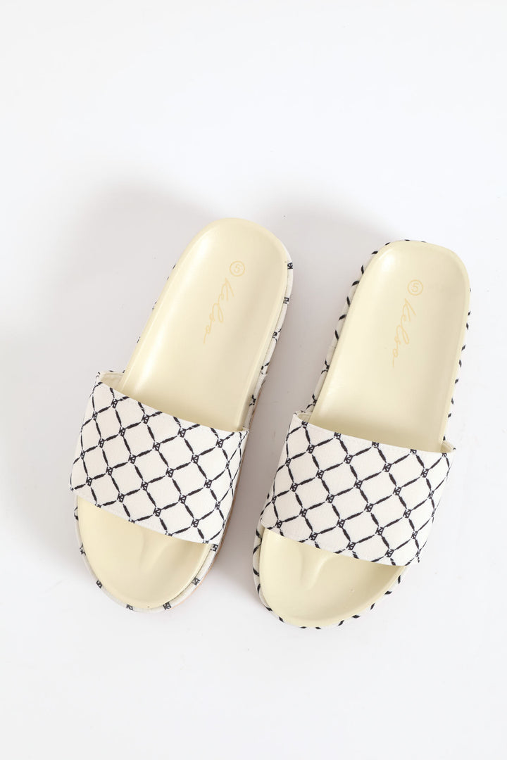 Monogram Printed Canvas Flatform Slide - Navy/White