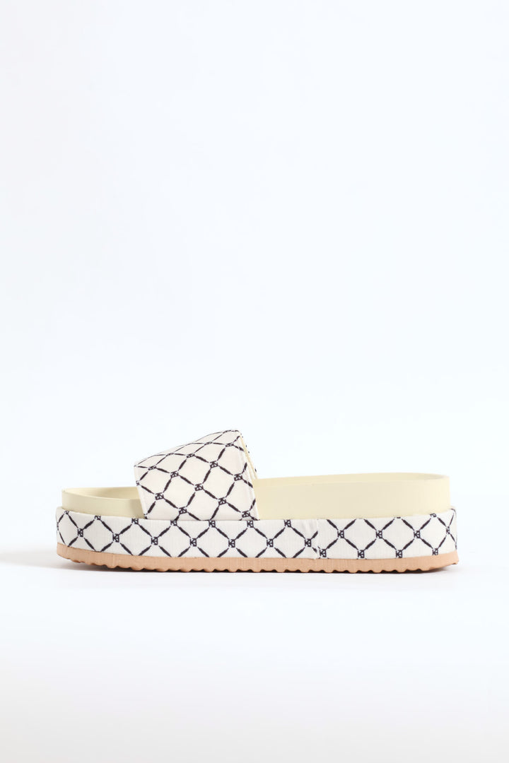 Monogram Printed Canvas Flatform Slide - Navy/White