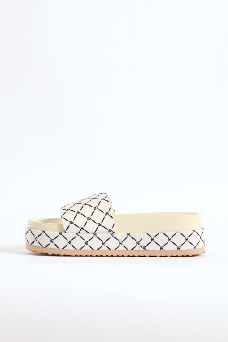 Monogram Printed Canvas Flatform Slide - Navy/White