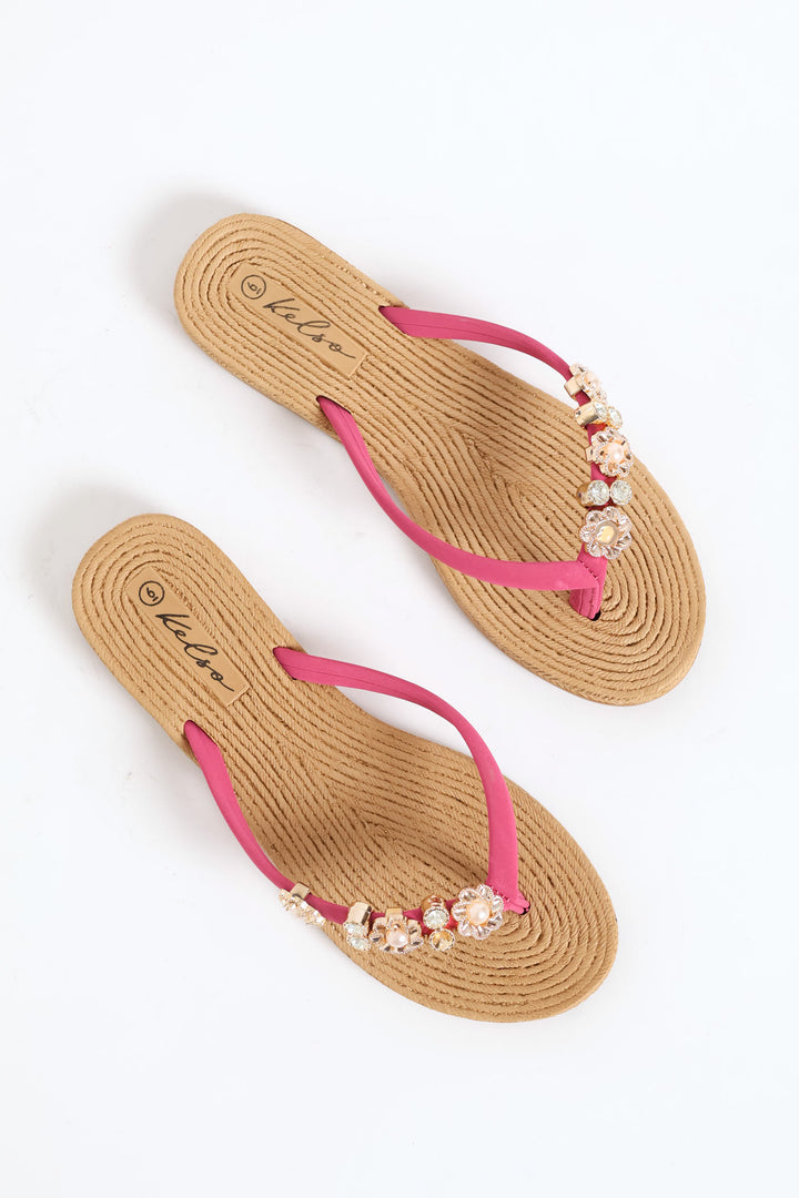 Diamante Trim Thong Sandal - Fuchsia