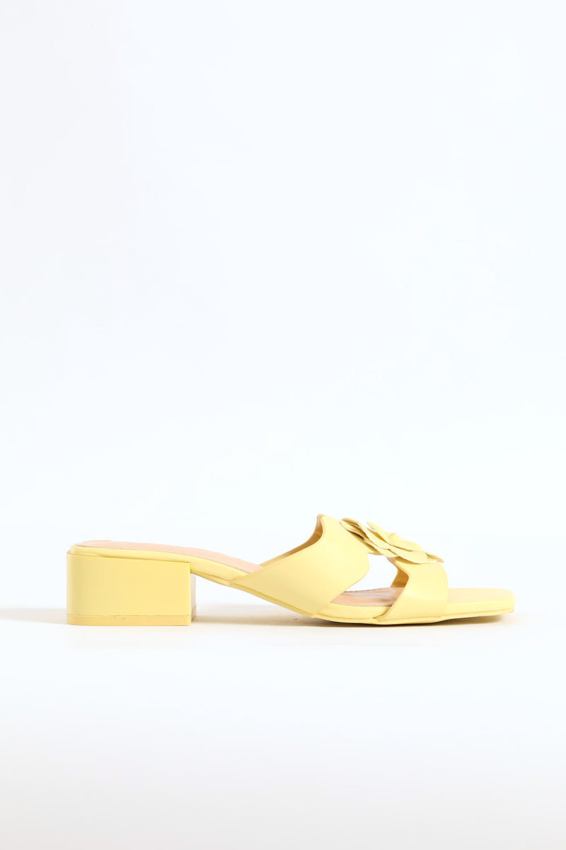 Flower Slip On Mule Block Heel - Yellow