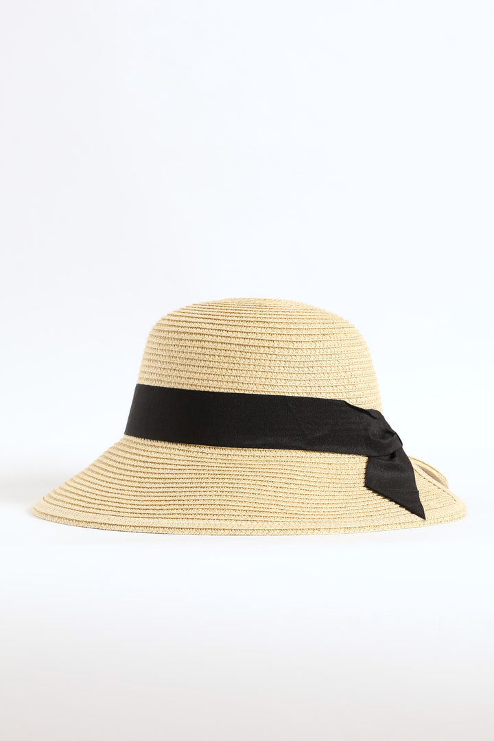 Ribbon Scalloped Back Straw Hat - Beige