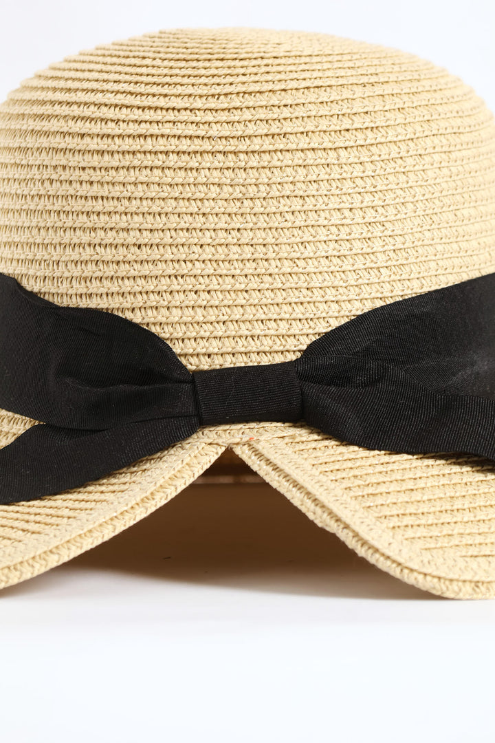 Ribbon Scalloped Back Straw Hat - Beige