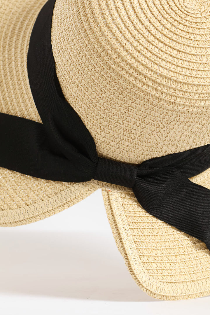 Ribbon Scalloped Back Straw Hat - Beige
