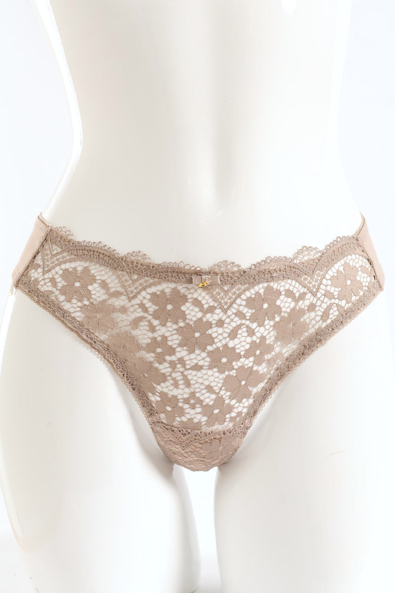 Microfibre & Lace Floral Thong - Stone