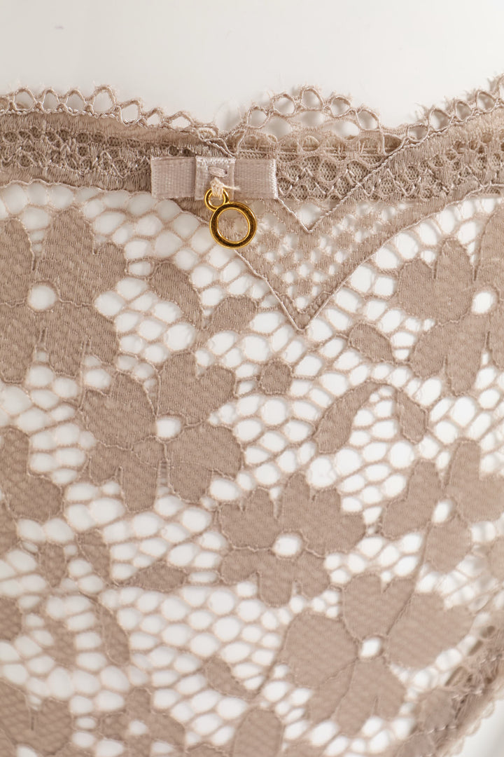 Microfibre & Lace Floral Thong - Stone