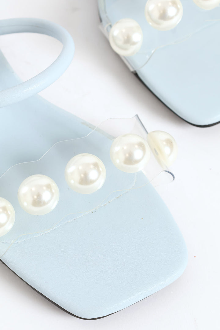Vinyl Pearl Detail And Tube Strap Low Block Sandal - Periwinkle