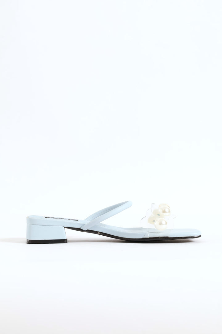 Vinyl Pearl Detail And Tube Strap Low Block Sandal - Periwinkle