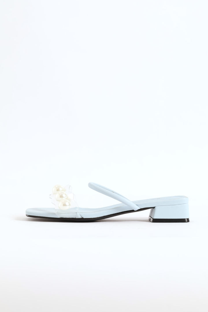 Vinyl Pearl Detail And Tube Strap Low Block Sandal - Periwinkle