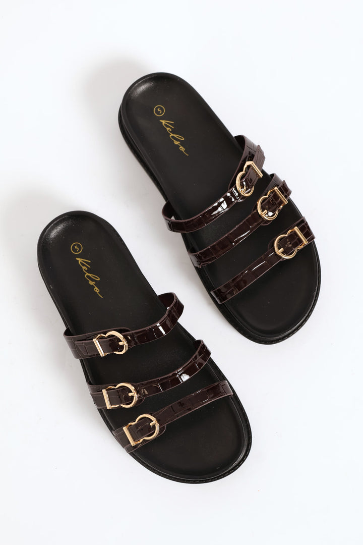 3 Strap Patent Slide - Choco Romance